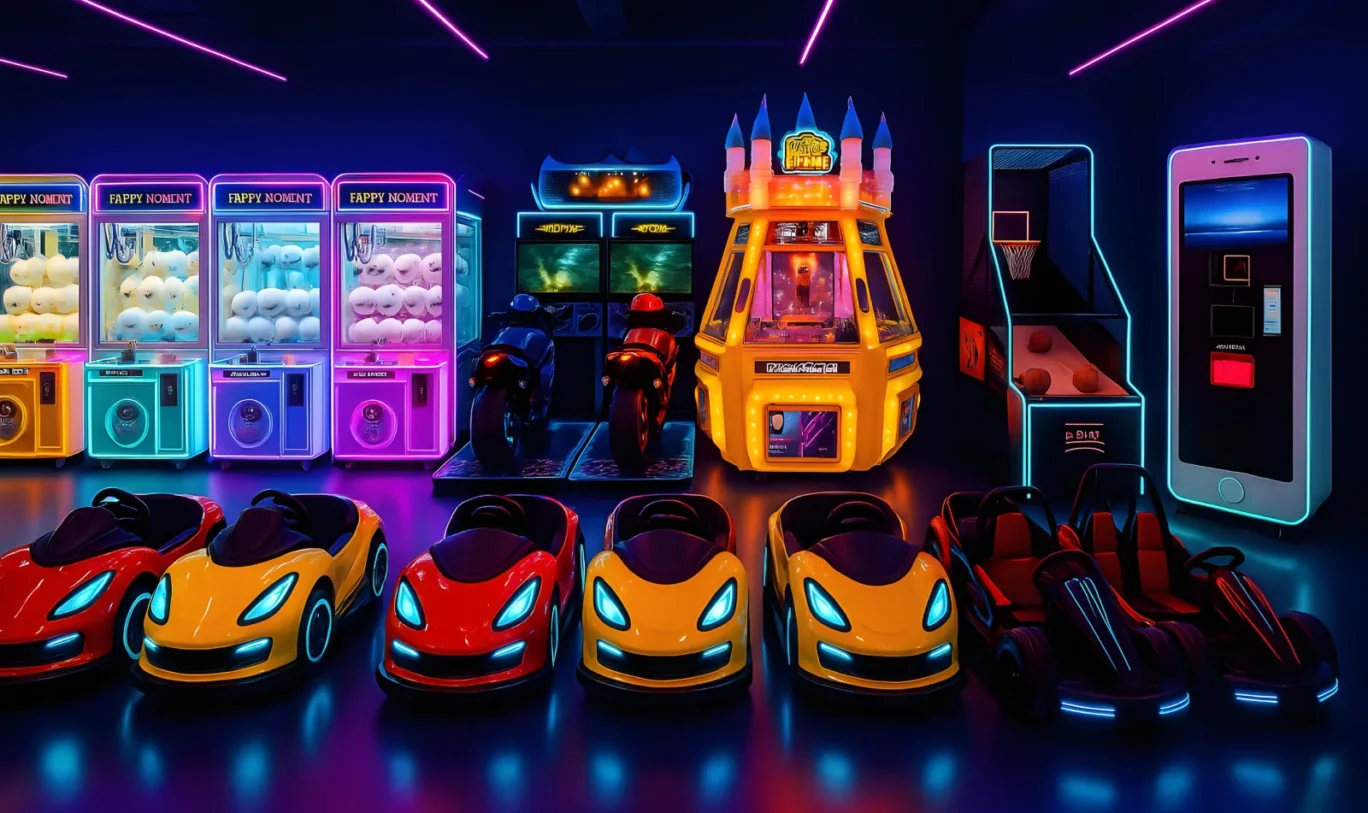 Galería comercial cubierta iluminada con neón con una fila de autos para niños y karts al frente; detrás hay máquinas de garra, corredores de motocicletas, un juego de redención con temática de castillo, un juego de aro de baloncesto y un quiosco gigante con forma de teléfono.