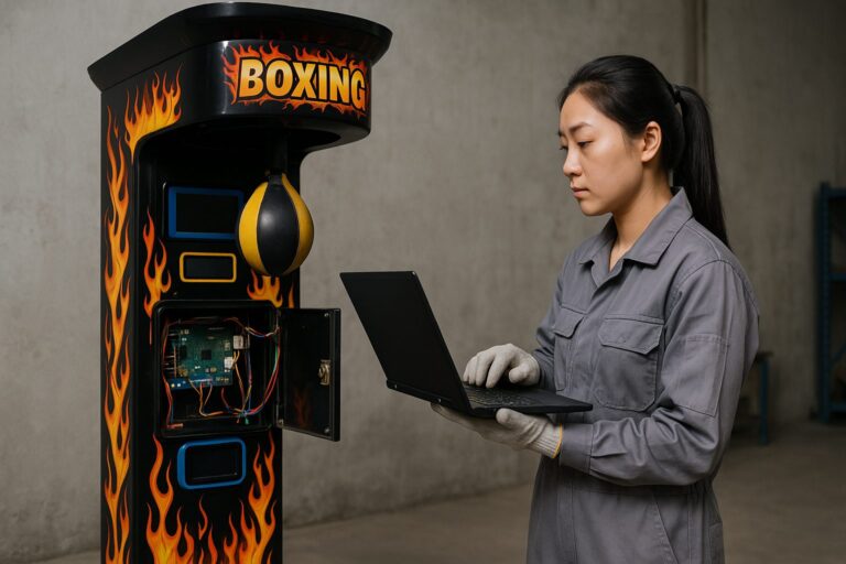 Technicienne en combinaison grise utilisant un ordinateur portable pour réparer une grande borne d'arcade de boxe ornée de flammes ; panneau d'accès ouvert laissant apparaître la carte de circuit imprimé.