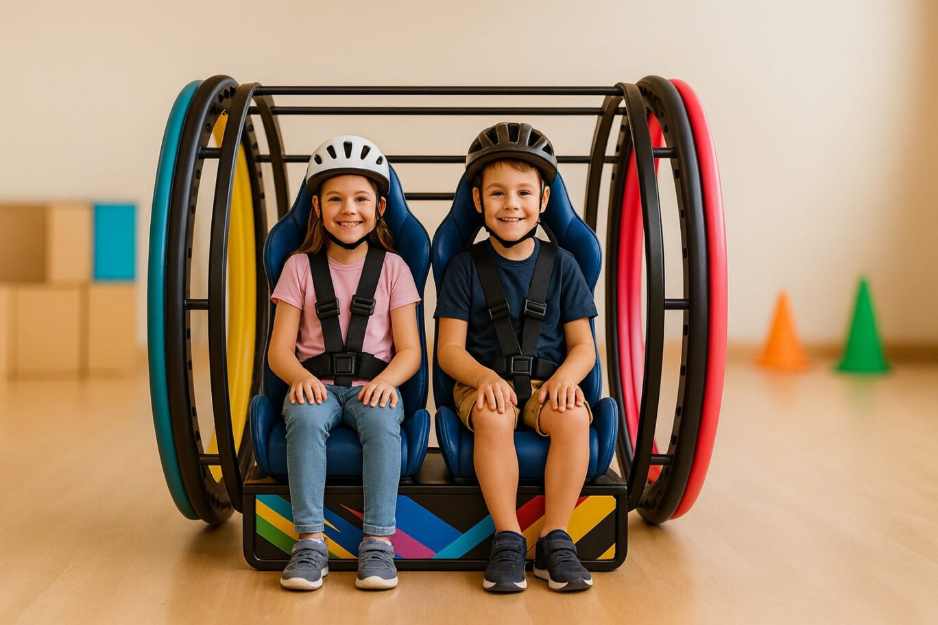 Niños en un coche con ruedas de 360 grados y doble anillo, con cascos.