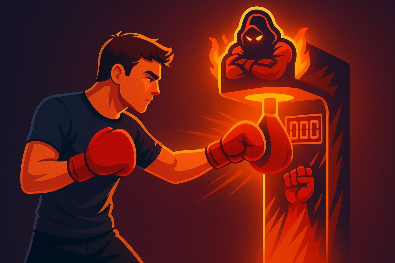 Primer plano de un puñetazo que golpea una bolsa de boxeo brillante.