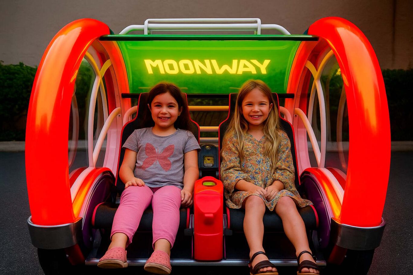 Dos chicas jóvenes sonrientes sentadas en un vagón rojo brillante de Le Bar.