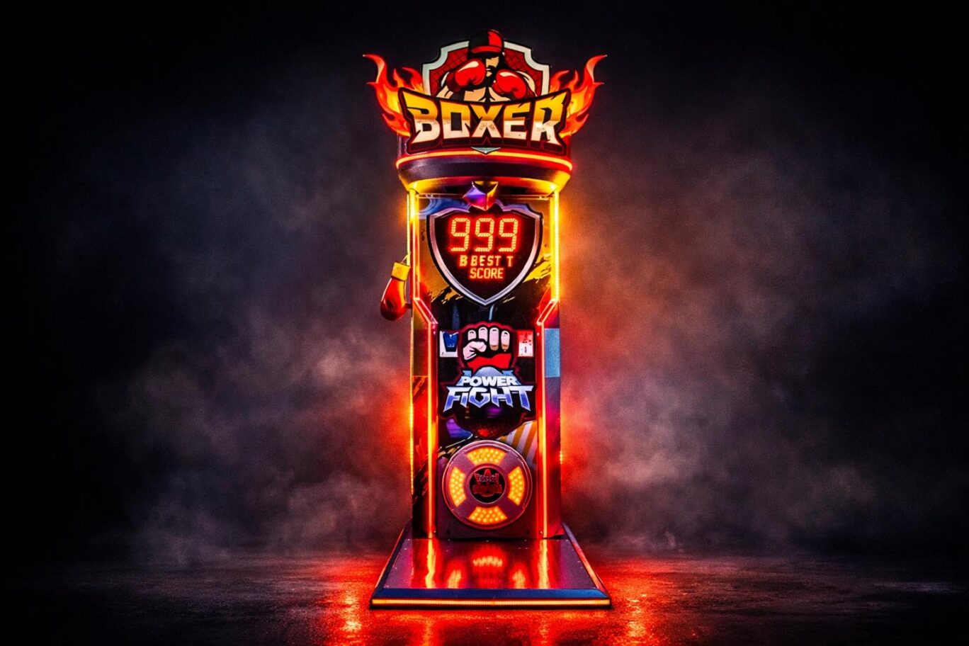 Máquina arcade de boxeo que muestra una puntuación de 999