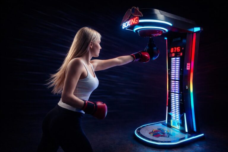 Mujer de piel clara golpeando una máquina recreativa de boxeo brillante