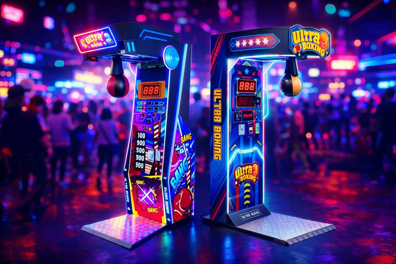 Dos máquinas recreativas de ultra boxeo en un local oscuro con luces de neón y mucho tránsito.