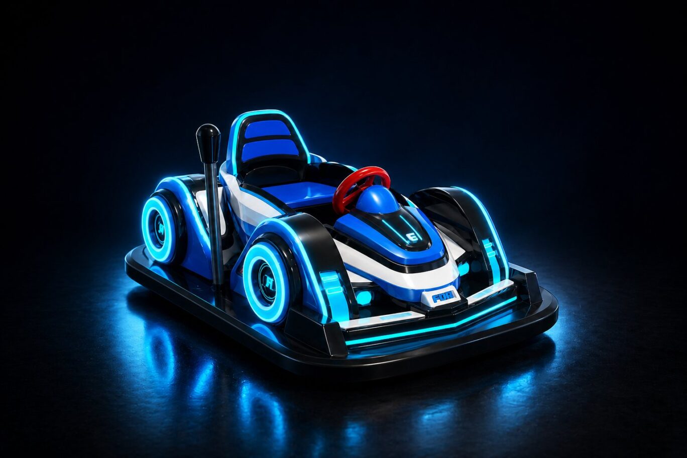 A sleek blue and white bumper car featuring bright cyan neon accents and a compact, modern design.