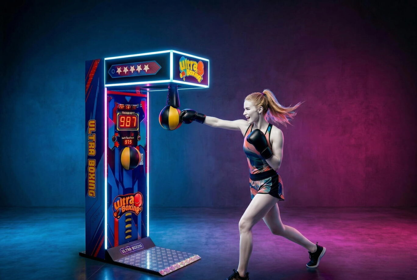 Una mujer con ropa deportiva y guantes de boxeo golpeando una máquina recreativa de "Ultra Boxing".