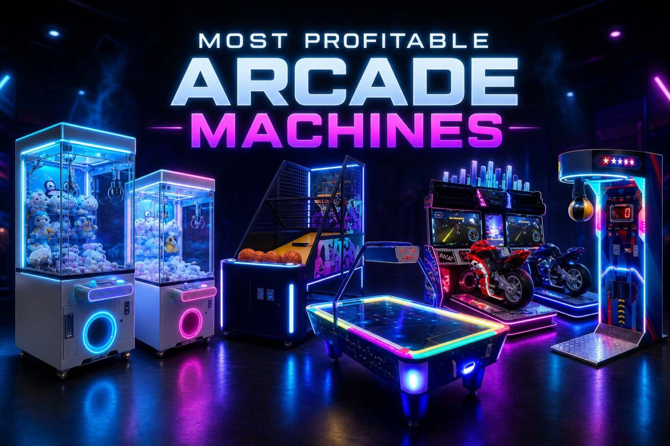 Most profitable arcade machines with neon glowing arcade equipment